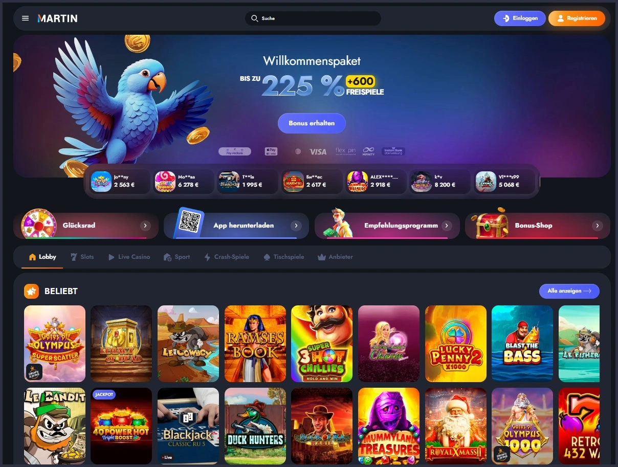 Übersicht der Martin Casino-Hauptseite