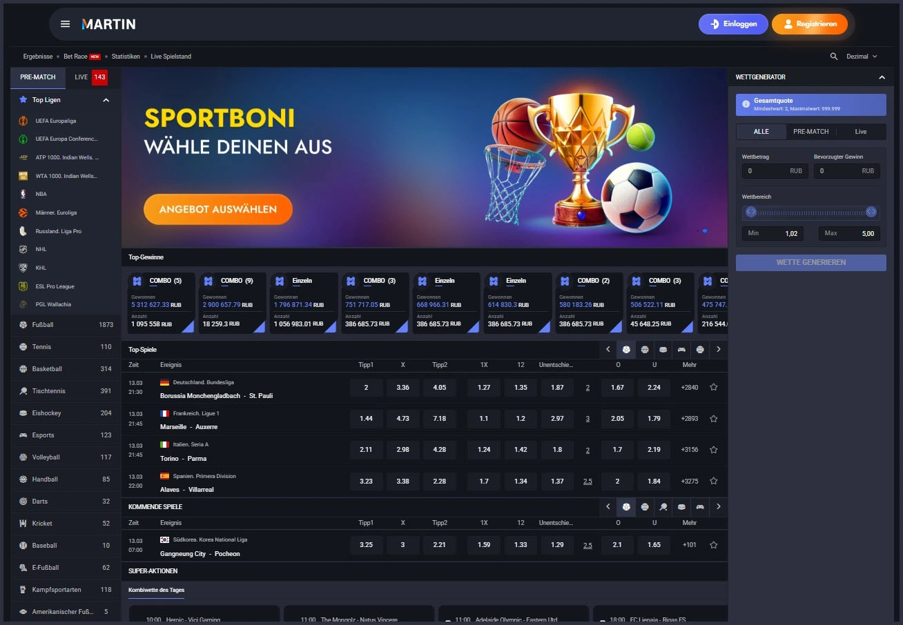 Einfache Pre-Match-Sportwetten bei Martin Casino platzieren